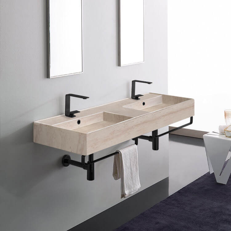 Scarabeo 5116-E-TB-BLK-Two Hole Beige Travertine Design Ceramic Wall Mounted Double Sink With Matte Black Towel Bar